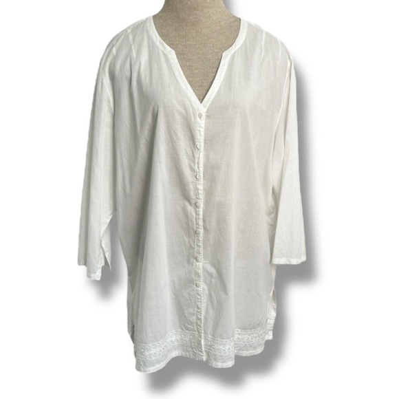 J Jill Women's White Gauzy Cotton Top Size XL Button Up Tunic Embroidered Lace - Picture 1 of 13